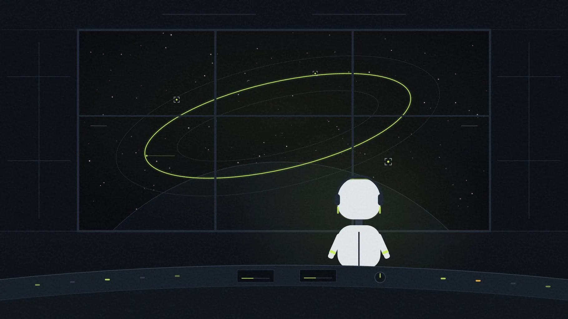 The operator on duty at the station console, watching the orbital plot of the sites it scores.